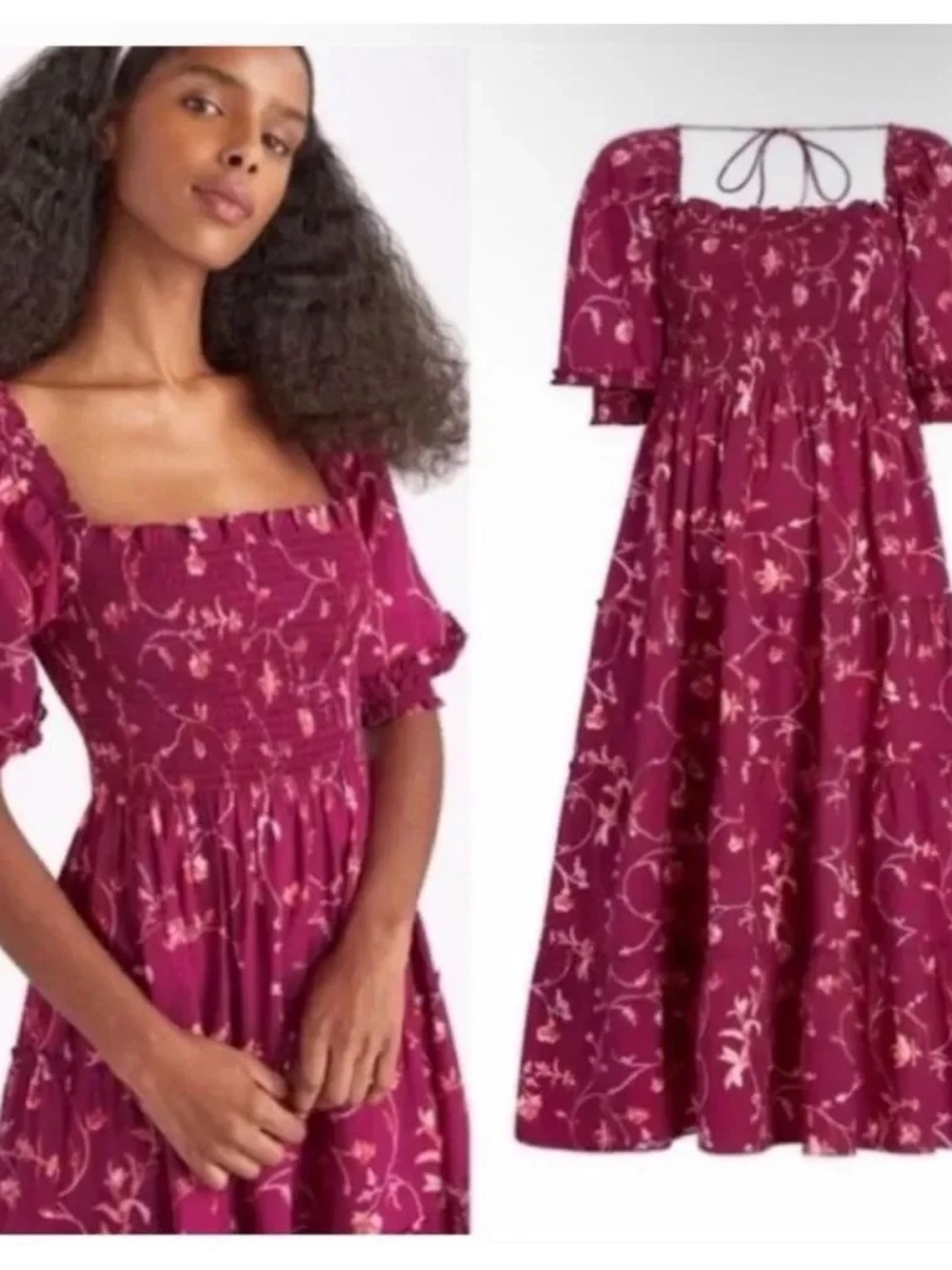 hill house nesli nap midi dress burgundy botanical floral size XS